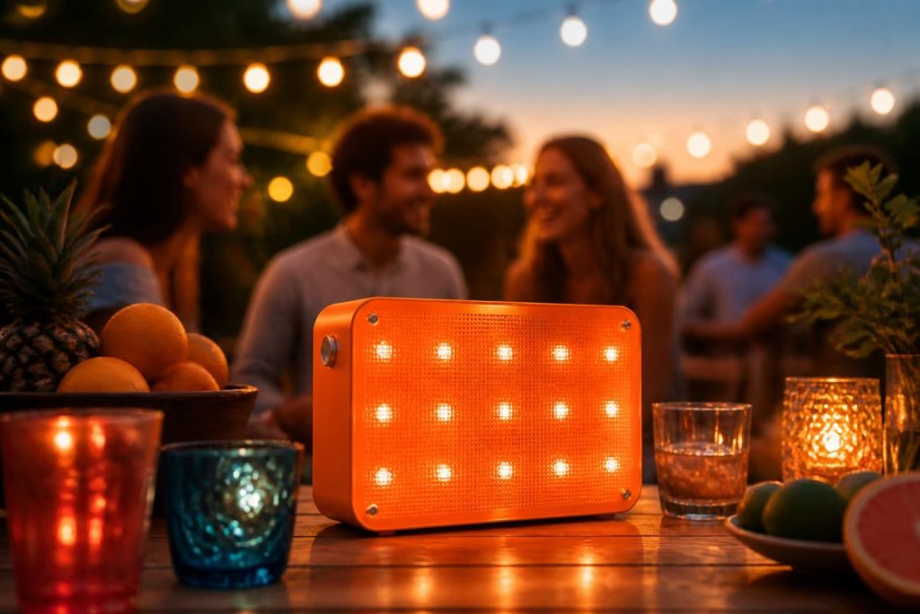 découvrez la box orange clignotant blanc, l'accessoire indispensable pour illuminer et animer vos soirées d'été avec style et originalité.