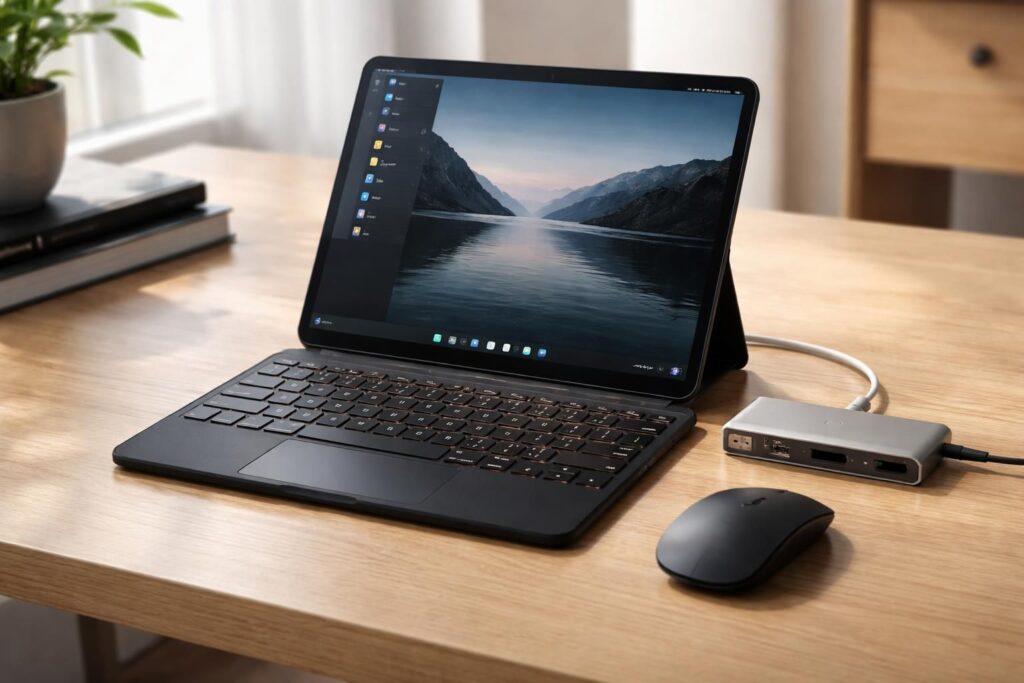 découvrez notre tablette en mini pc linux, équipée d'un clavier, d'une souris et d'un hub usb-c pour une expérience informatique portable et complète.