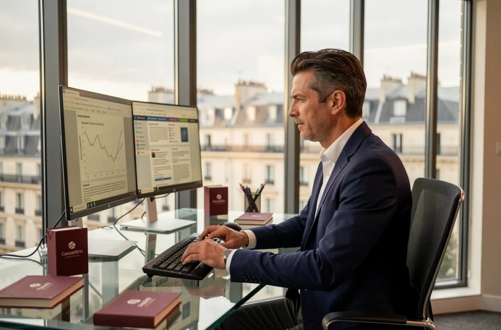 Consultant en cybersécurité d'ADVENS analysant des rapports de menaces dans un bureau moderne