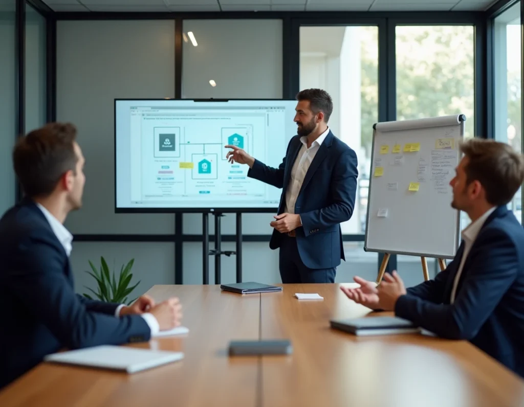 Réunion de projet chez Agence Aurion avec présentation d'une architecture WordPress pour un client