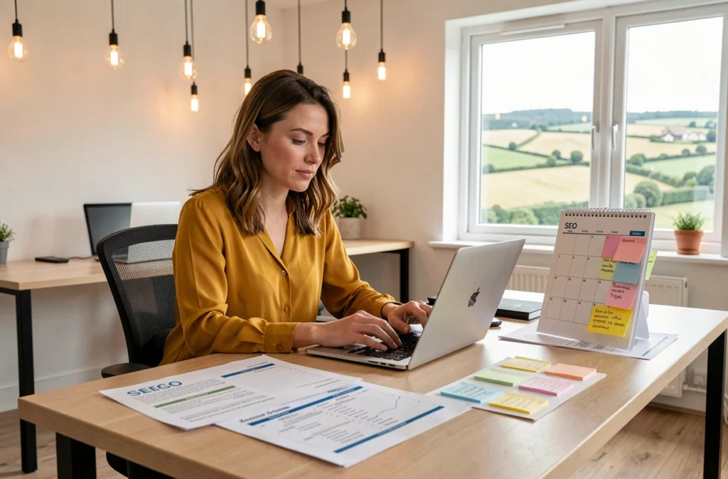 Stratège de contenu de l'Agence Digital Plus dans la Manche planifiant du contenu web et des stratégies SEO dans un espace de travail lumineux