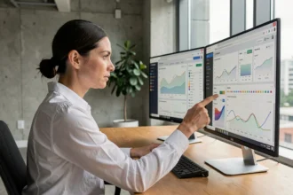 Analyste web féminine étudiant des tableaux de bord de données comportementales sur deux écrans dans un bureau moderne