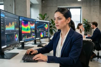 Analyste marketing femme étudiant des tableaux de bord de données prédictives sur plusieurs écrans dans un bureau moderne
