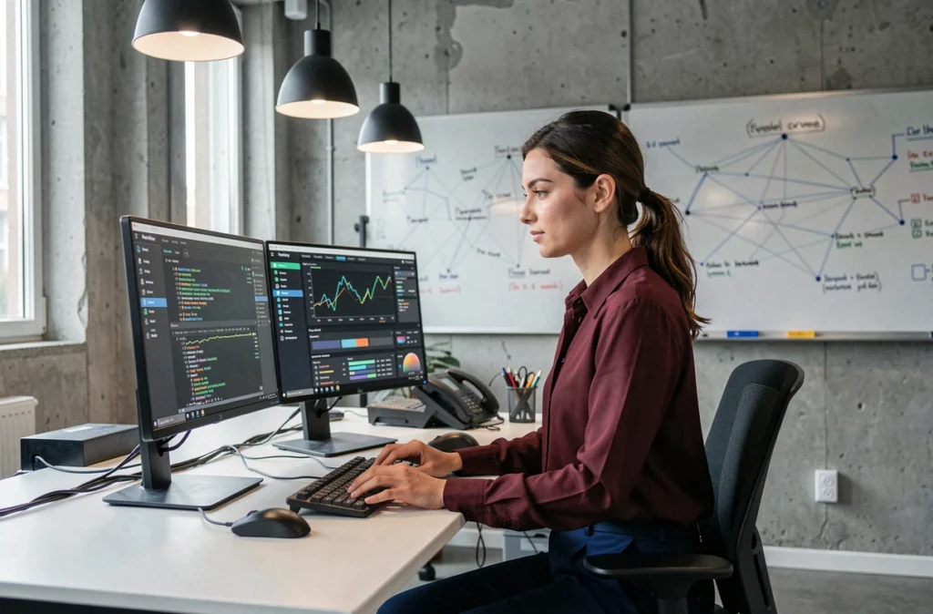 Analyste cybersécurité d'Apside travaillant sur des outils de test d'intrusion dans un bureau de consultance moderne