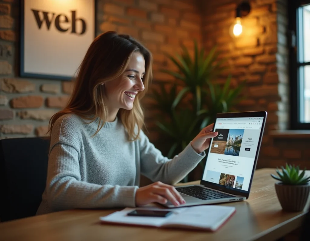 Consultante de l'agence Au Coin du Web présentant une création de site WordPress dans un cadre convivial