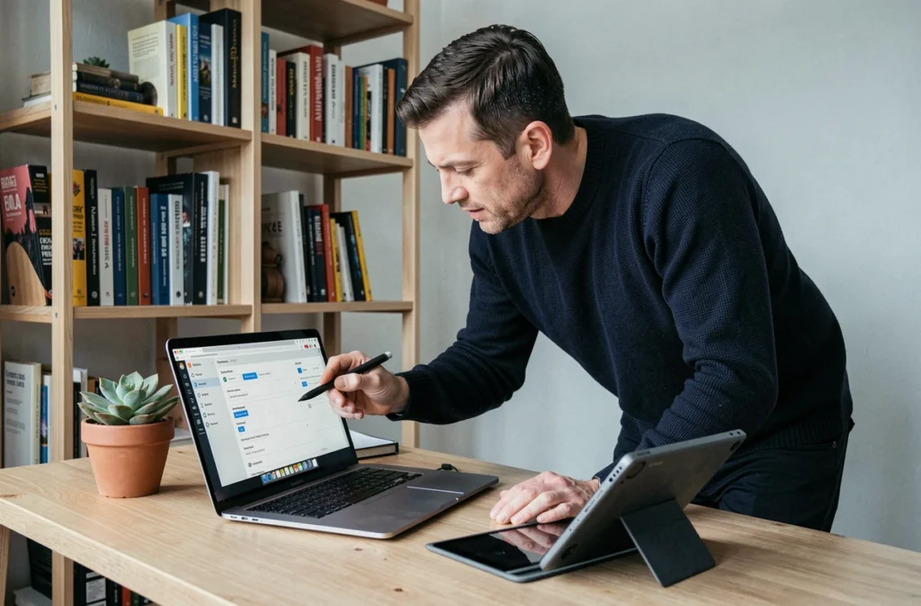 Spécialiste marketing configurant un outil d'automatisation d'emails depuis son bureau à domicile