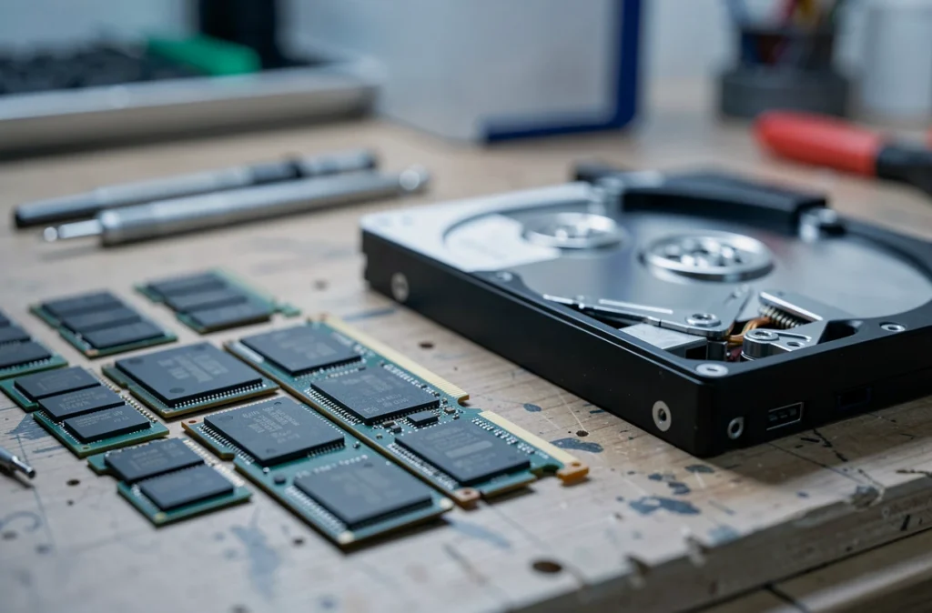 Barrettes de mémoire et disque dur posés sur un plan de travail