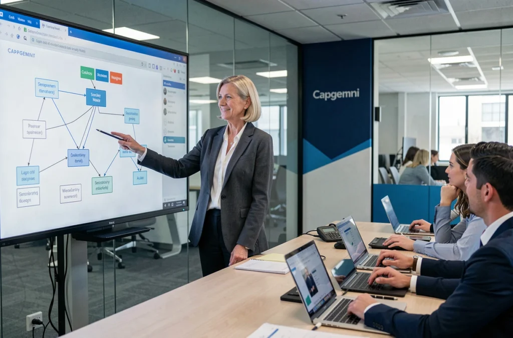 Consultante senior en cybersécurité de Capgemini présentant une architecture de sécurité lors d'une réunion client