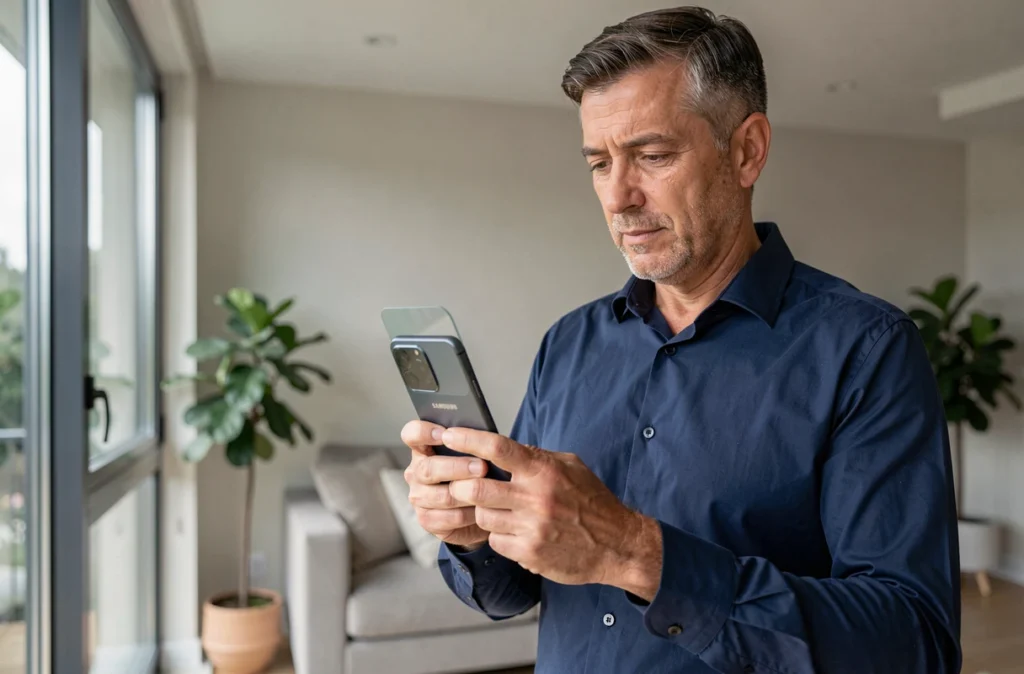 Homme tenant un smartphone Samsung avec un protecteur de confidentialité pour sécuriser ses captures d'écran