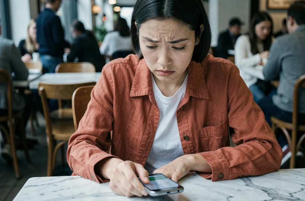 Jeune femme dans un café vérifiant une capture d'écran Samsung tout en préservant sa vie privée