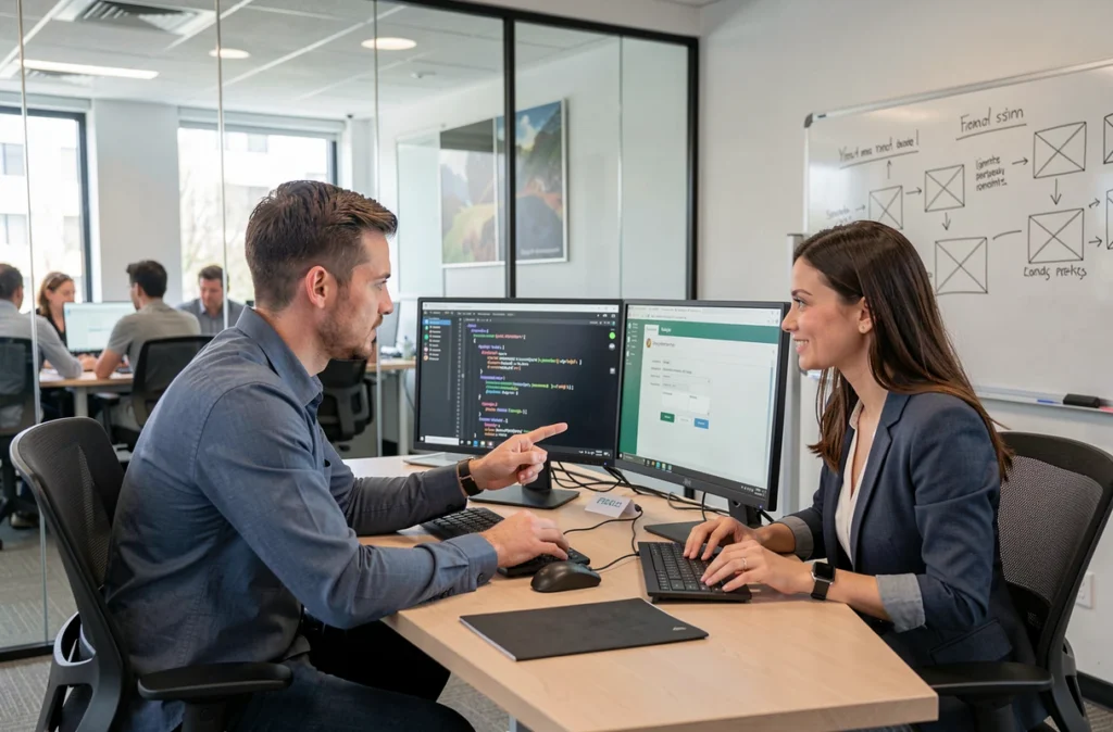 Deux développeurs collaborant sur un composant de formulaire HTML Angular dans un espace de coworking moderne avec des écrans de code visibles