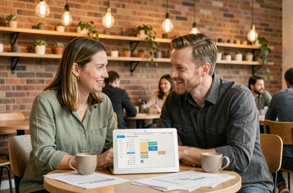 Deux collègues analysant des résultats de tests A/B et des données de segmentation comportementale pour optimiser la personnalisation web