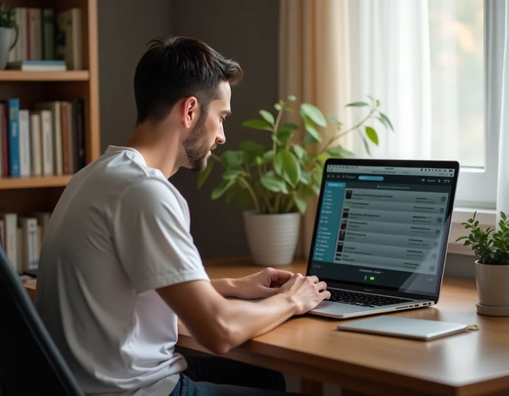 Homme utilisant un convertisseur MP3 sur ordinateur portable dans un bureau à domicile