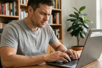 Homme corrigeant une adresse IP mal saisie dans la barre d'adresse d'un navigateur sur un ordinateur portable