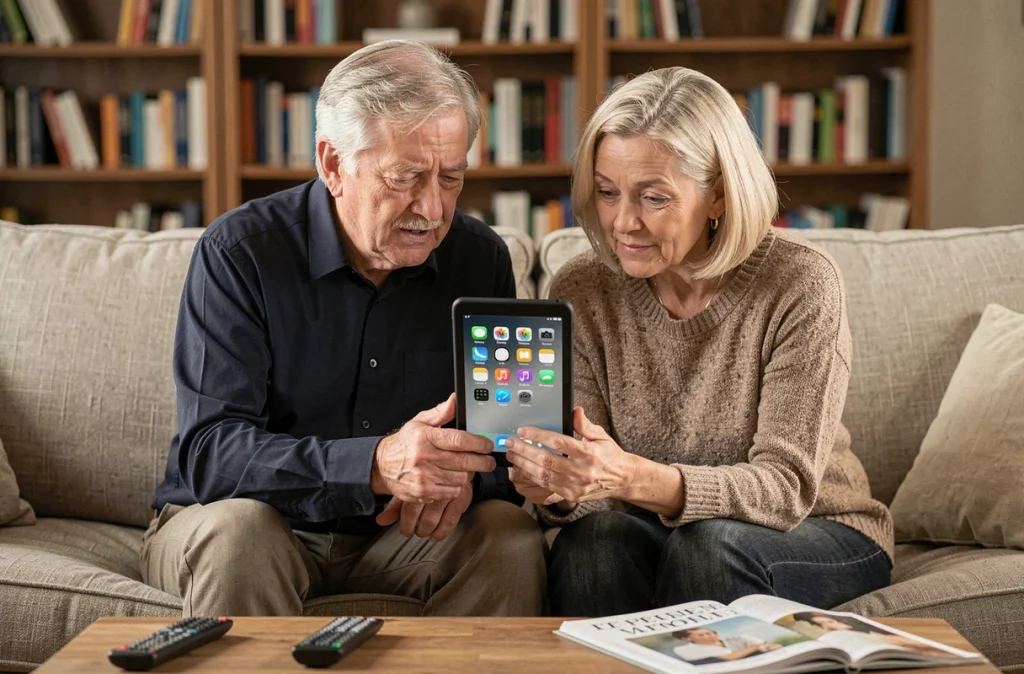 Couple de seniors consultant ensemble un smartphone Android à interface simplifiée dans leur salon