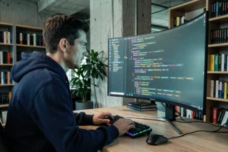 Développeur web masculin en hoodie marine tapant du code HTML dans un formulaire React sur un grand écran incurvé dans un bureau moderne