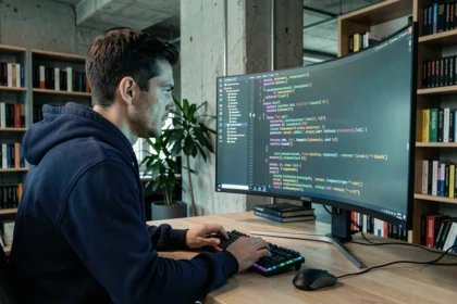 Développeur web masculin en hoodie marine tapant du code HTML dans un formulaire React sur un grand écran incurvé dans un bureau moderne