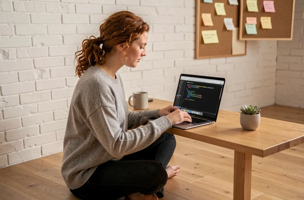 Développeuse frontend travaillant sur un formulaire HTML avec Vue.js sur un laptop dans un bureau maison minimaliste