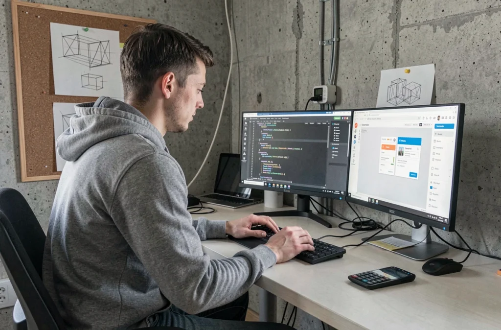 Designer web de DigiCraft dans le Cotentin travaillant sur un thème WordPress personnalisé avec du code et une maquette visuelle sur double écran