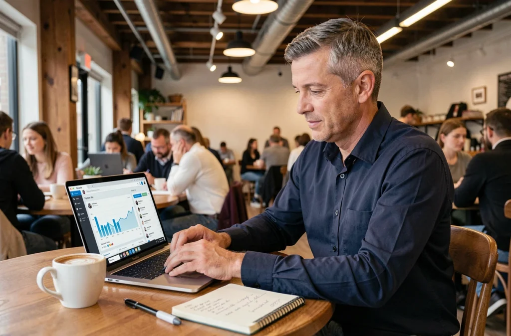 Un dirigeant de PME analyse des statistiques de campagnes d'influence sur un ordinateur portable dans un espace de coworking