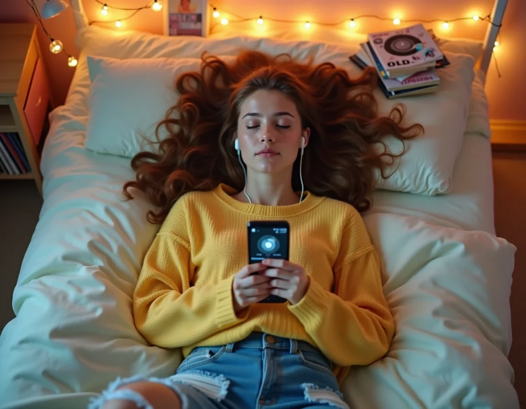 Adolescente écoutant de la musique MP3 hors ligne avec des écouteurs allongée sur son lit