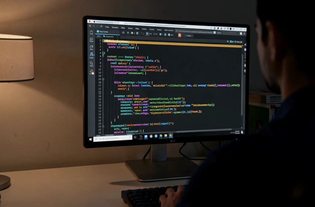 Écran d'ordinateur affichant des lignes de code et de petits fichiers