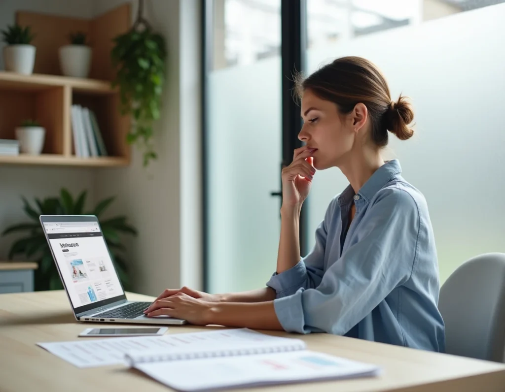 Consultante d'Elanweb révisant des wireframes imprimés et un site WordPress en production dans un bureau épuré