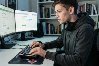 Joueur concentré effectuant un entraînement Click Kohi sur son bureau gaming avant une partie classée