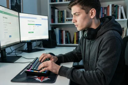 Joueur concentré effectuant un entraînement Click Kohi sur son bureau gaming avant une partie classée