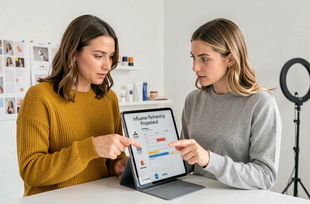Deux professionnelles du marketing collaborent sur une stratégie d'influence digitale pour une PME dans un studio créatif