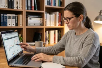 Femme analysant des erreurs de conversion d'octets et de gigaoctets sur un ordinateur portable dans un bureau à domicile