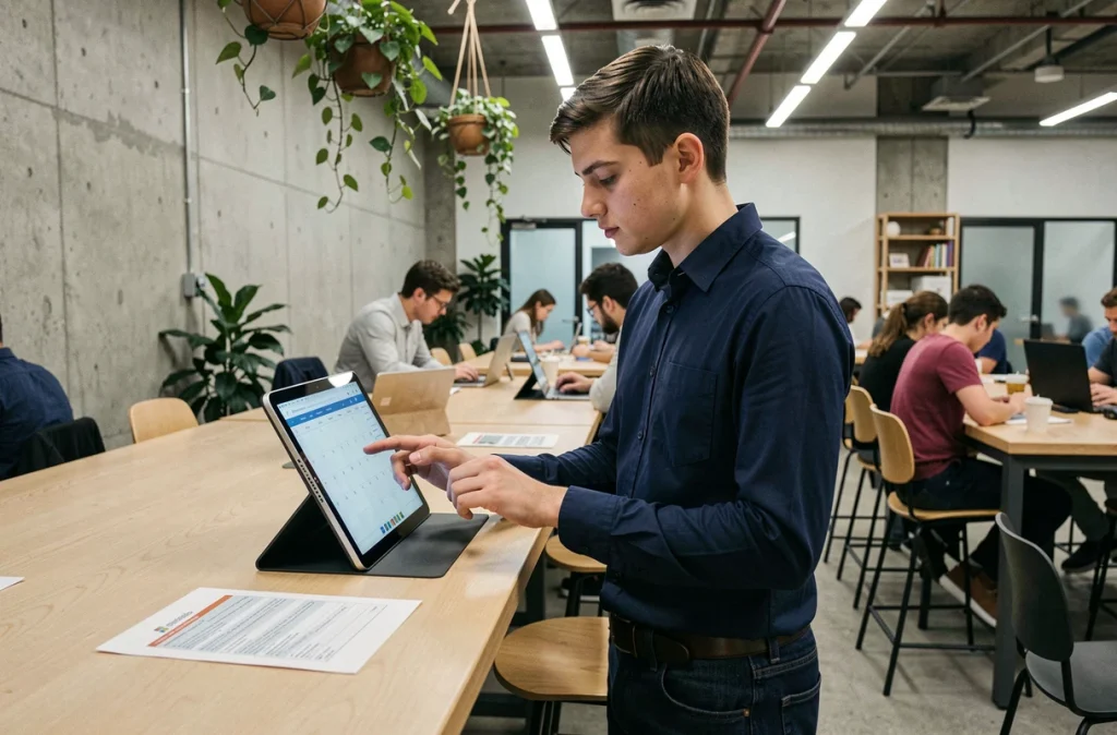 Étudiant consultant son planning scolaire sur une tablette Microsoft dans un espace de coworking universitaire