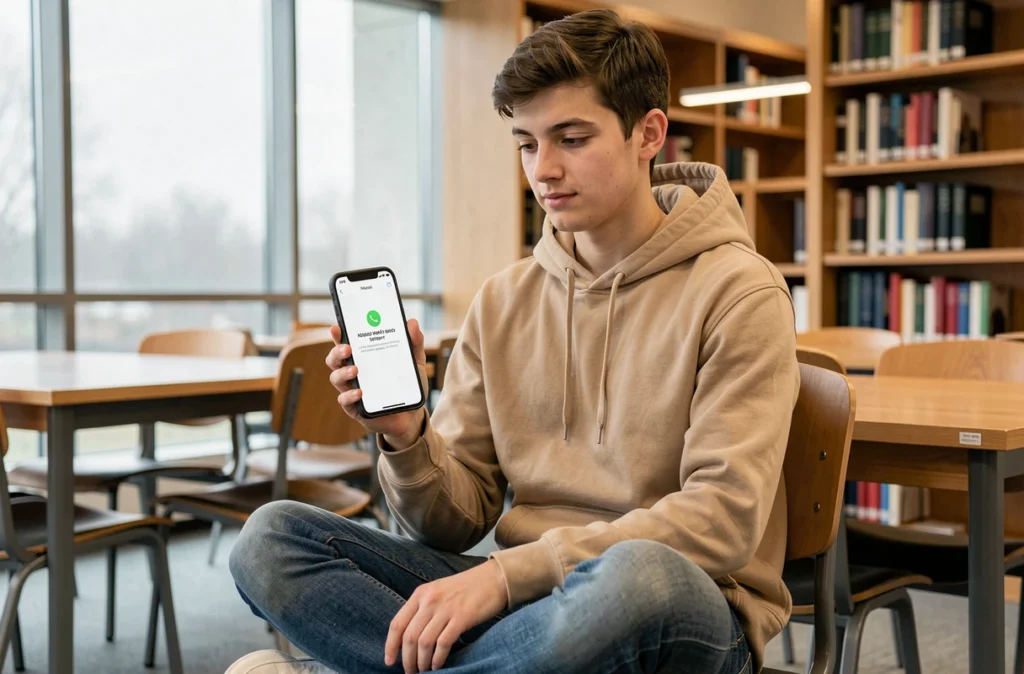 Étudiant consultant sa webmessagerie bloquée sur smartphone dans une bibliothèque universitaire