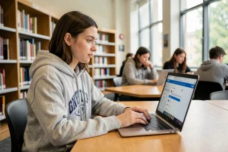 Étudiante utilisant MyGES et Office 365 sur un ordinateur portable dans une bibliothèque universitaire moderne