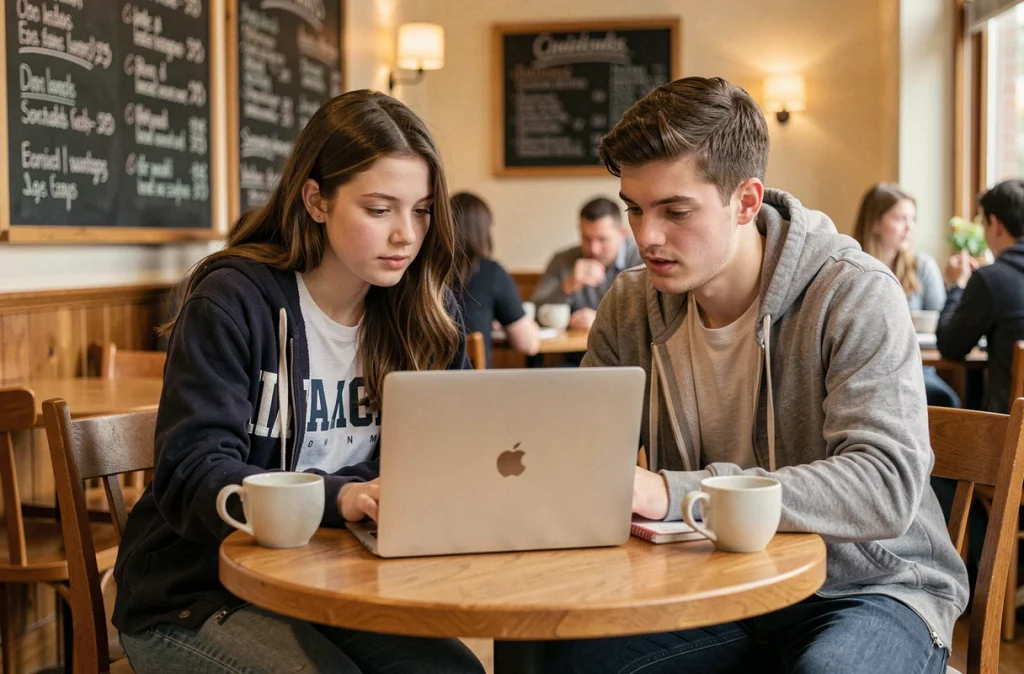 Deux étudiants collaborant sur un document partagé OneDrive dans un café de campus universitaire
