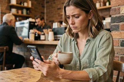 Femme lisant des avis utilisateurs sur son smartphone dans un café, illustrant l'expérience réelle des consommateurs face aux fiches techniques