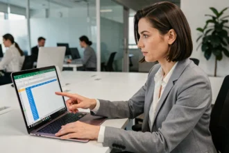 Femme au bureau pointant un tableau Excel avec lignes et colonnes figées sur un écran d'ordinateur portable