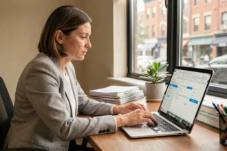 Femme professionnelle configurant Outlook sur un ordinateur portable dans un bureau à domicile
