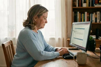 Femme d'âge mûr consultant ses anciens emails sur un ordinateur de bureau à domicile