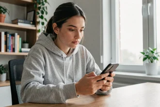 Jeune femme consultant anonymement des stories Instagram sur son smartphone depuis un bureau à domicile