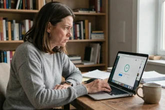 Femme frustrée devant un écran d'ordinateur portable affichant une messagerie web lente ou bloquée