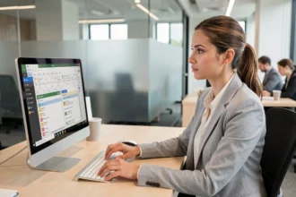 Femme professionnelle gérant ses tâches et rappels dans Microsoft Outlook sur un ordinateur de bureau en open space