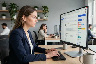 Femme professionnelle personnalisant son interface webmail Ionos sur un grand écran dans un bureau moderne