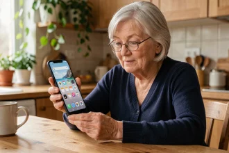 Femme senior tenant un smartphone Android avec grands icônes lisibles, assise dans une cuisine confortable