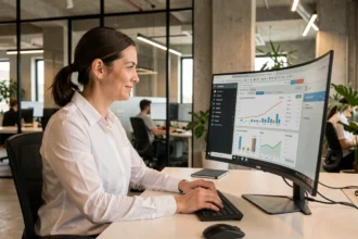 Professionnelle analysant les résultats d'une campagne email sur un écran de bureau dans un open space moderne