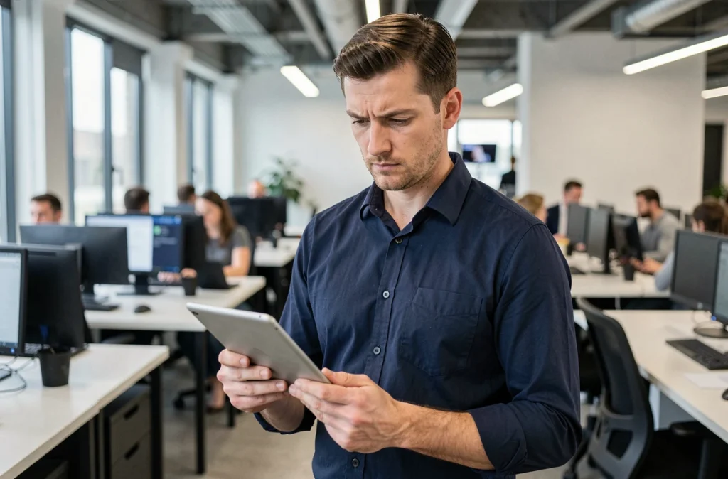 Homme en bureau vérifiant la confidentialité des stories Instagram sur une tablette numérique