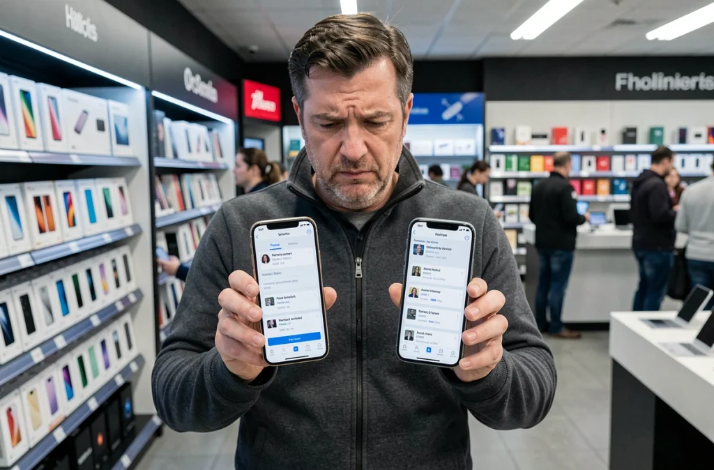Homme comparant deux smartphones en magasin, illustrant la différence entre les caractéristiques techniques et les avis d'utilisateurs réels