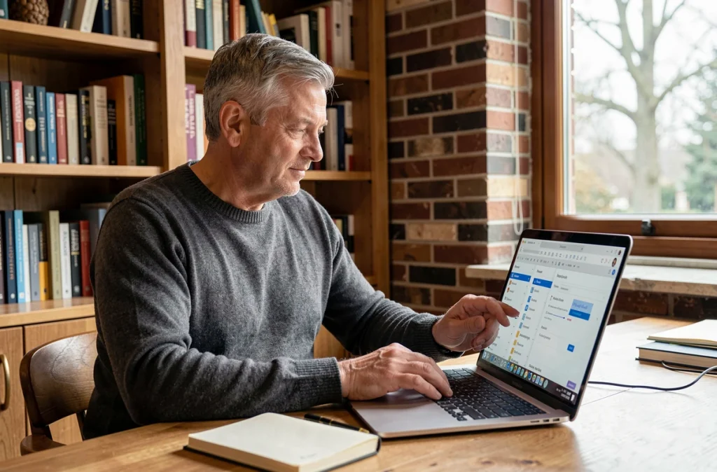Homme configurant les paramètres de personnalisation de son webmail Ionos depuis son bureau à domicile