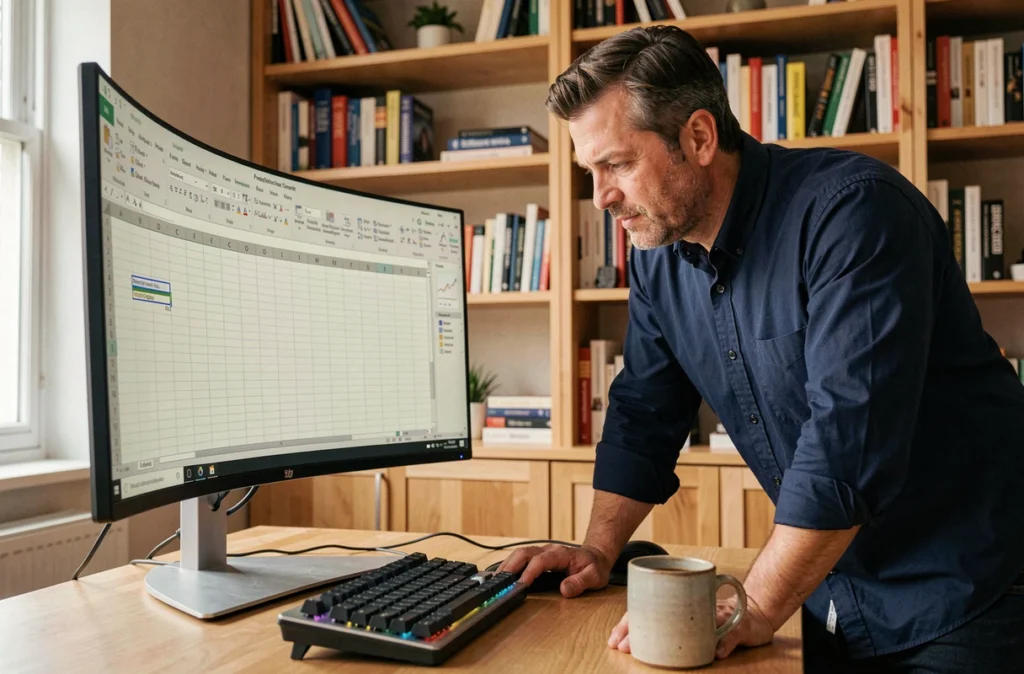 Homme travaillant sur Excel debout devant un grand écran avec le menu figer les volets ouvert