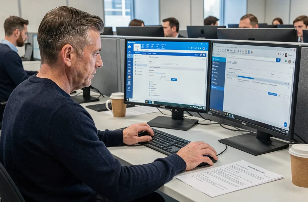 Homme en entreprise paramétrant Outlook et le webmail sur deux écrans de bureau